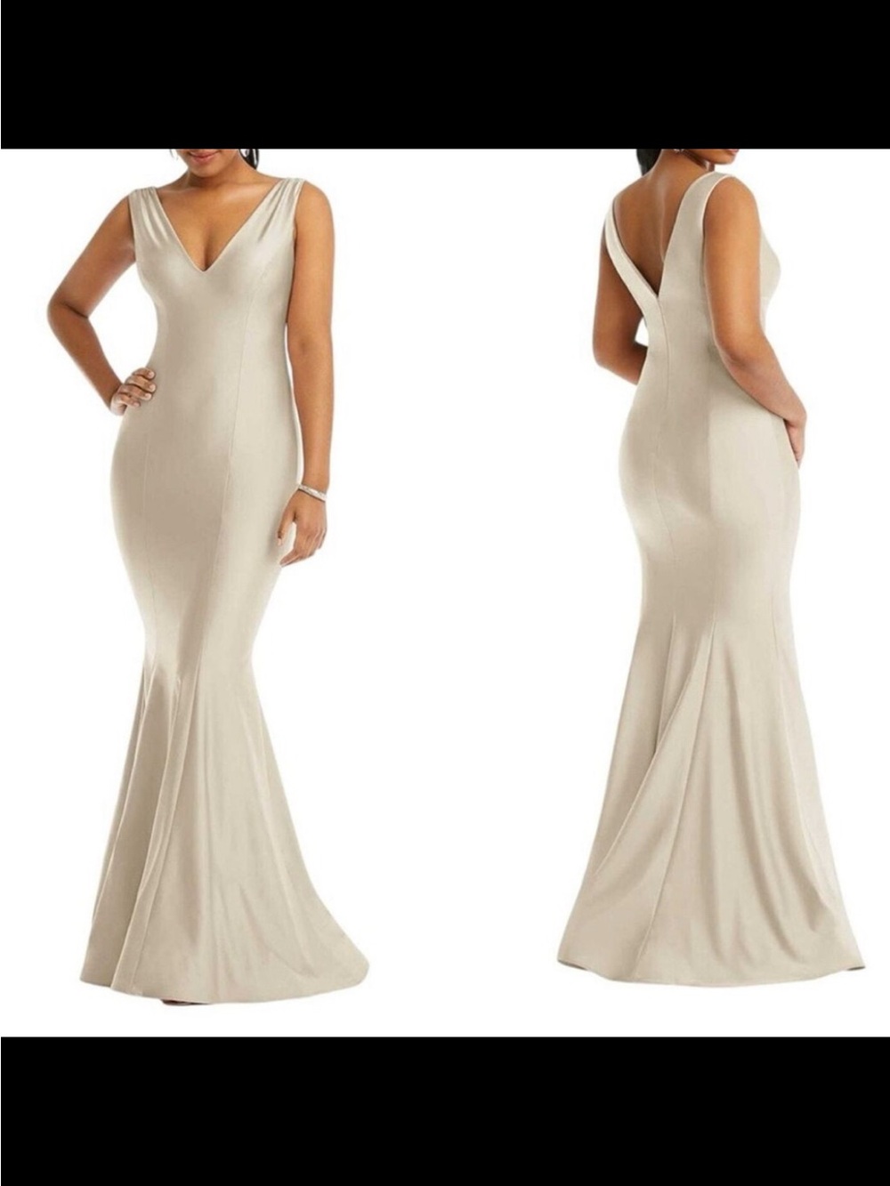 Cynthia & Sahar Size
Medium Vaughn Stretch Satin Dress
Champagne v-neck gown